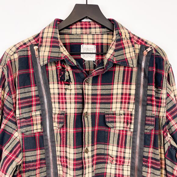 Furst of A Kind Size XL 46-48 Mens Button Down Plaid Zipper Shirt Red Distressed - Picture 6 of 9